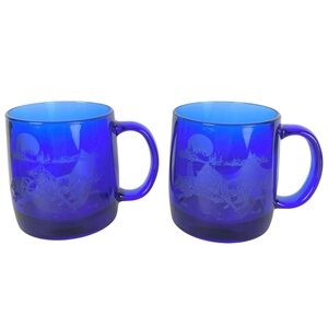 Luminarc Cobalt Etched Running Wolf Mugs Set Of 2 Blue Coffee Cups